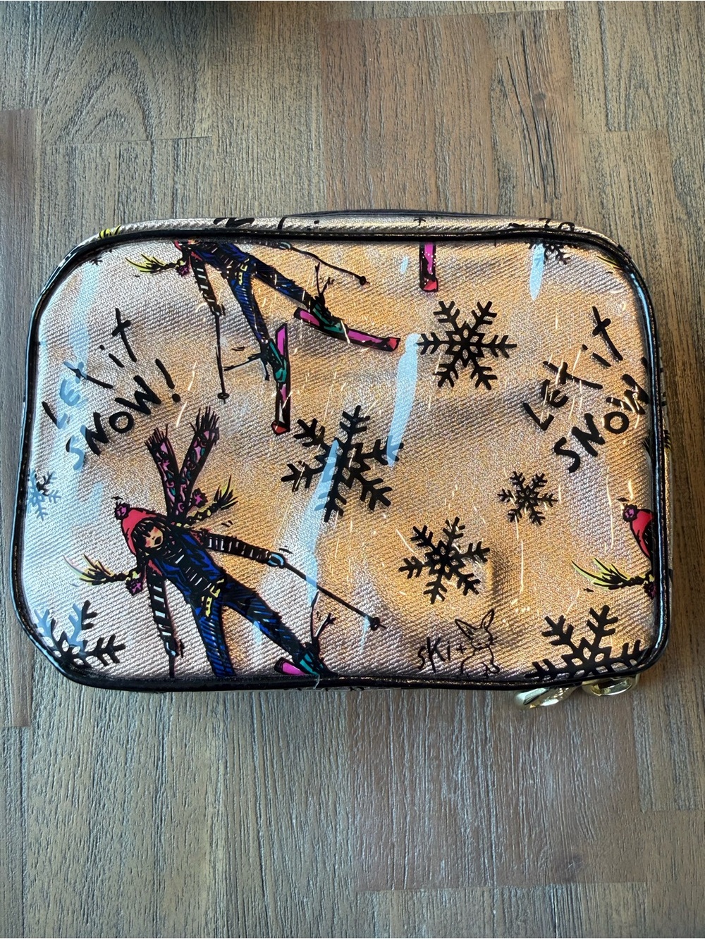 Betsey Johnson Let It Snow Ski Winter Cosmetic Makeup Pouch Metallic Gold